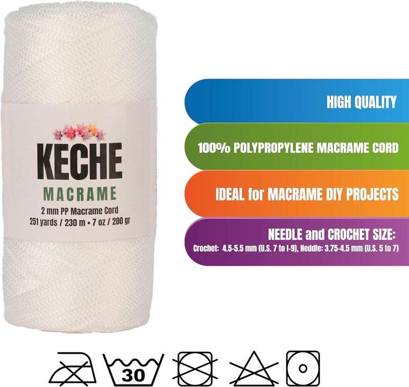 KECHE Macrame Cord | Macrame Supplies 2mm Polyester Macrame Rope Yarn for Table Runner Wall Décor Plant Hanging 251 Yards (000 - White, 5 SKEINS) - Image 3